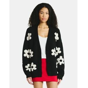 Black Daisy Flower Cardigan Sweater Women's Size Medium